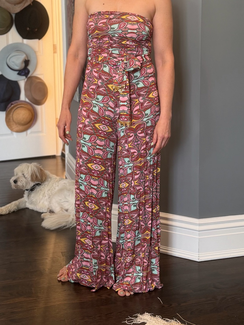 Strapless Wide-Leg Printed Jumpsuit in Pink Multi